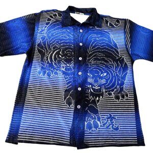 * Street Culture Y2K Vtg Town Tigers See Thru Blue Black Camp Shirt Medium